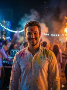 Night Holi Festival with Fire and Colors Prompt