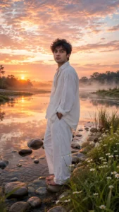 Misty Riverside Sunrise Reflection Portrait
