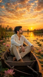 Floating Wooden Boat Golden Sunset Portrait
