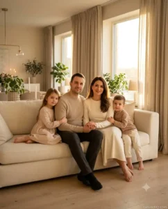 Warm Golden Window Family Portrait