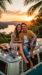 Romantic Golden Hour Vintage Van Couple Portrait