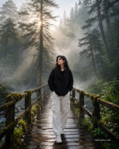 Misty Forest Wooden Bridge Portrait