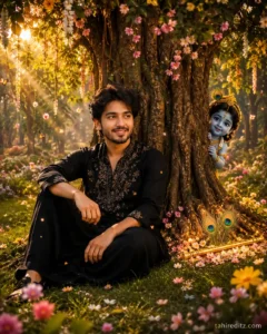 Divine Vrindavan Garden with Little Krishna