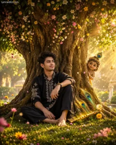Little Krishna Watching from Behind the Tree