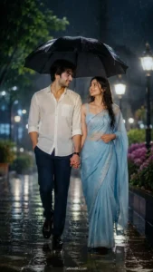 Happy Couple with Open Umbrella in the Rain